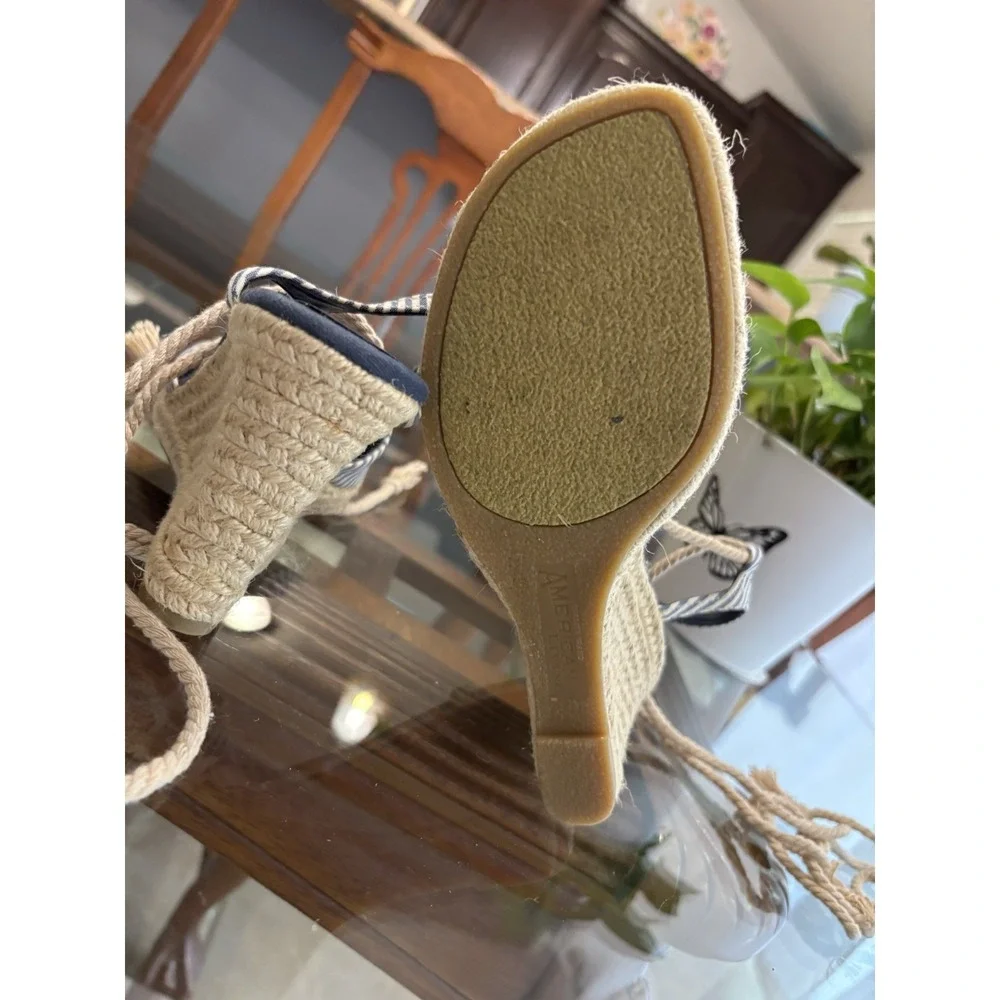 American Living Women's Striped Leather Wedge Espadrille Sandals Bow US 8.5